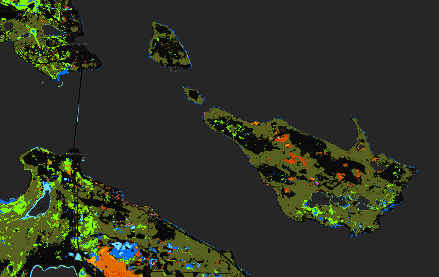 Map of wetland classifications around Mackinac Island