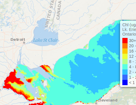 Screenshot of a map of chlorophyll levels in Lake Erie